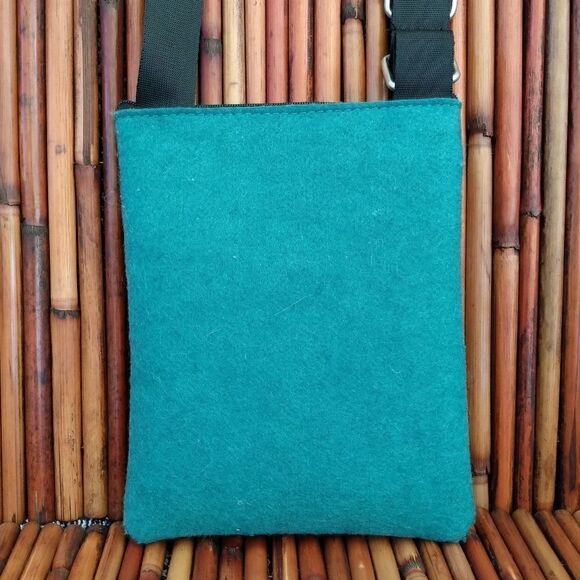 NWOT UNIQUE BOUTIQUE Modern Felt Teal/Lime Green 2 Zip Pockets Adjustable Strap - Picture 6 of 11